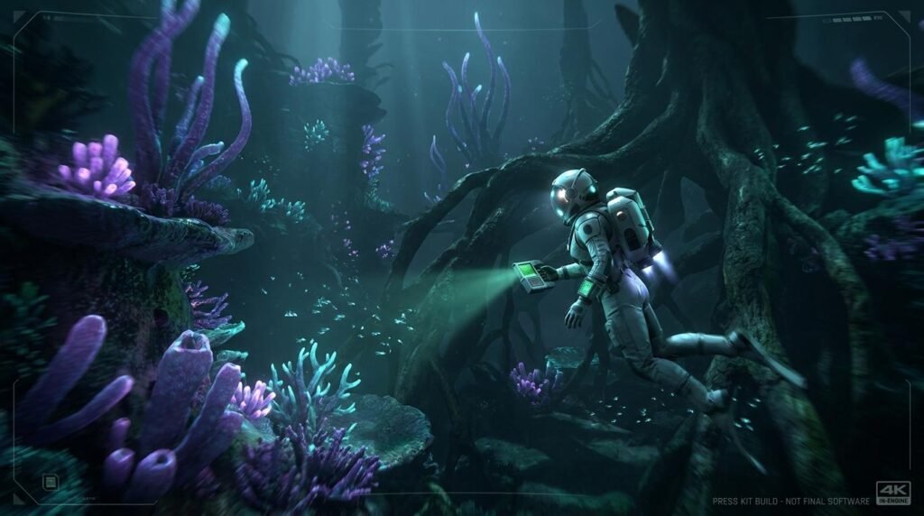 Entorno submarino bioluminiscente de Subnautica 2 generado en Unreal Engine 5.