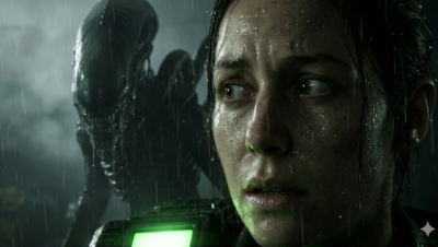 Primer plano de un personaje bajo la lluvia con un Xenomorfo acechando detrás, estilo fotorrealista de Alien Isolation 2 en Unreal Engine 5.