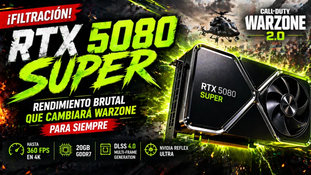 Detalle fotorrealista de la nueva tarjeta gráfica NVIDIA GeForce RTX 5080 SUPER de 24GB, filtración de rendimiento para Warzone en 2026.