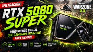 Detalle fotorrealista de la nueva tarjeta gráfica NVIDIA GeForce RTX 5080 SUPER de 24GB, filtración de rendimiento para Warzone en 2026.
