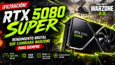 Detalle fotorrealista de la nueva tarjeta gráfica NVIDIA GeForce RTX 5080 SUPER de 24GB, filtración de rendimiento para Warzone en 2026.