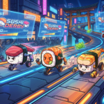 Carrera de sushi en Wabisabi SushiDerby con personajes de nigiri y maki en pistas de neón futuristas.