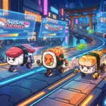 Carrera de sushi en Wabisabi SushiDerby con personajes de nigiri y maki en pistas de neón futuristas.