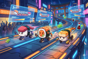 Carrera de sushi en Wabisabi SushiDerby con personajes de nigiri y maki en pistas de neón futuristas.