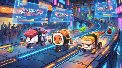 Carrera de sushi en Wabisabi SushiDerby con personajes de nigiri y maki en pistas de neón futuristas.