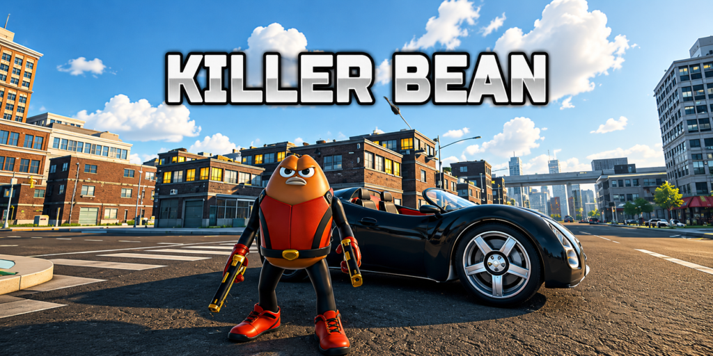 Killer Bean en una escena de acción cinematográfica con armas y explosiones en Steam