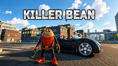 Killer Bean en una escena de acción cinematográfica con armas y explosiones en Steam